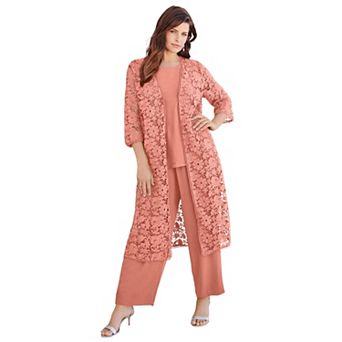Roaman's Women's Plus Size 3 pc Allover Lace Duster Pant Set Formal Wear