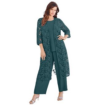 Roaman's Women's Plus Size 3 pc Allover Lace Duster Pant Set Formal Wear