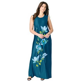 Roaman's Women's Plus Size Sleeveless Crew Neck Maxi Dress