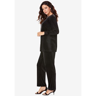 Roaman's Women's Plus Size Rhinestone-Detailed Velour Set