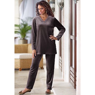 Roaman's Women's Plus Size Petite Plus Size Two-Piece V-Neck Velour Set