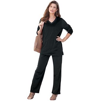 Roaman's Women's Plus Size Petite Plus Size Two-Piece V-Neck Velour Set