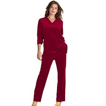Roaman's Women's Plus Size Petite Plus Size Two-Piece V-Neck Velour Set