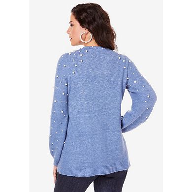 Roaman's Women's Plus Size Embellished Pullover Sweater With Blouson Sleeves