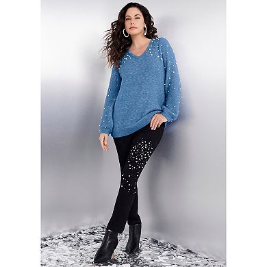 Roaman's Women's Plus Size Embellished Pullover Sweater With Blouson Sleeves