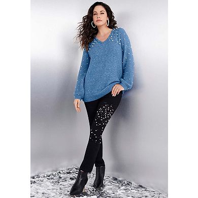 Roaman's Women's Plus Size Embellished Pullover Sweater With Blouson Sleeves