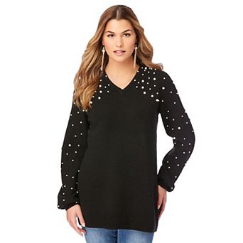 Roaman's Women's Plus Size Embellished Pullover Sweater With Blouson Sleeves
