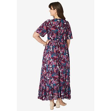 Roaman's Women's Plus Size Hand-Crinkled Flutter-Sleeve Maxi Dress
