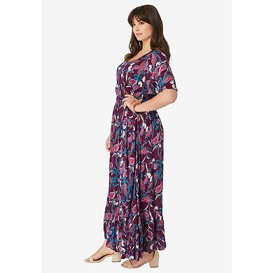 Roaman's Women's Plus Size Hand-Crinkled Flutter-Sleeve Maxi Dress