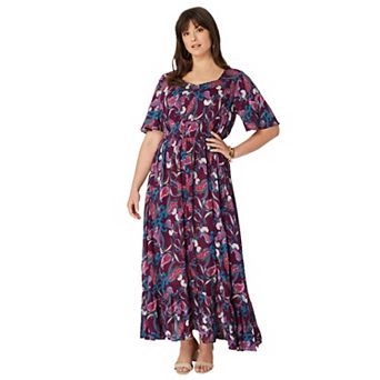 Roaman's Women's Plus Size Hand-Crinkled Flutter-Sleeve Maxi Dress