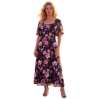 Roaman's Women's Plus Size Hand-Crinkled Flutter-Sleeve Maxi Dress