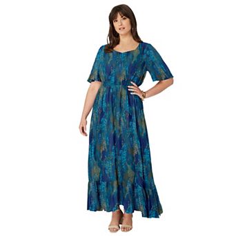Roaman's Women's Plus Size Hand-Crinkled Flutter-Sleeve Maxi Dress