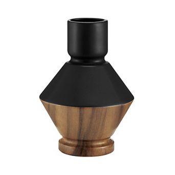 Milo Diamant Reverse Hourglass Modern Two Tone Tabletop Vase - Black and Walnut
