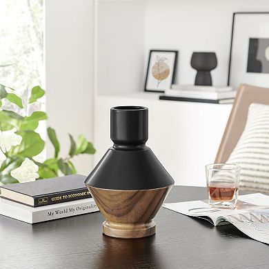 Milo Diamant Reverse Hourglass Modern Two Tone Tabletop Vase - Black and Walnut