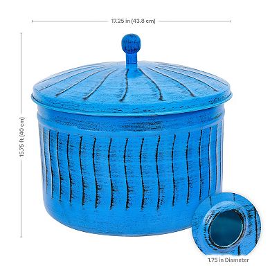 Sunnydaze Embossed Metal Garden Hose Holder - 100’ Hoses - Blue Patina