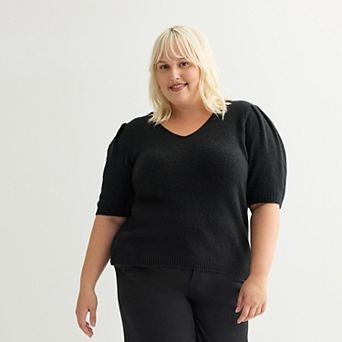 Plus Size Nine West V-Neck Puff Sleeve Top