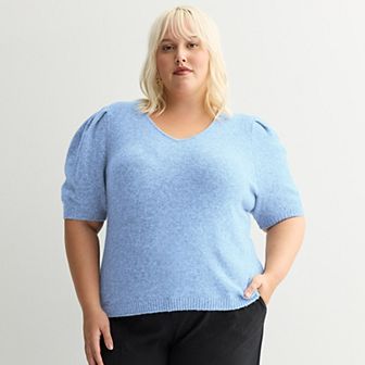 Plus Size Nine West V-Neck Puff Sleeve Top