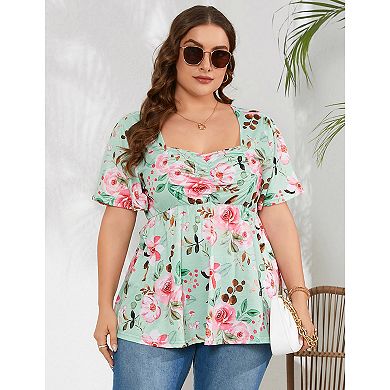 Women Plus Size Sweetheart Neck Tunic Tops Short Sleeves Pleated Peplum Babydoll Blouse T shirts