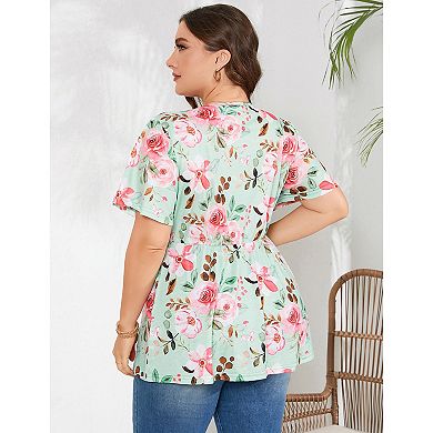 Women Plus Size Sweetheart Neck Tunic Tops Short Sleeves Pleated Peplum Babydoll Blouse T shirts