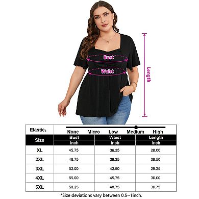 Women Plus Size Sweetheart Neck Tunic Tops Short Sleeves Pleated Peplum Babydoll Blouse T shirts