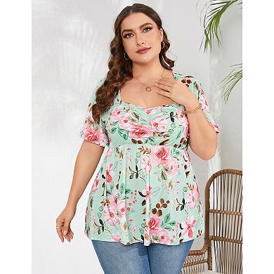 Women Plus Size Sweetheart Neck Tunic Tops Short Sleeves Pleated Peplum Babydoll Blouse T shirts