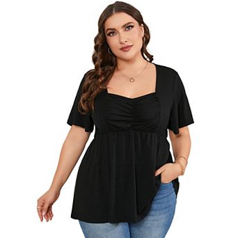Women Plus Size Sweetheart Neck Tunic Tops Short Sleeves Pleated Peplum Babydoll Blouse T shirts