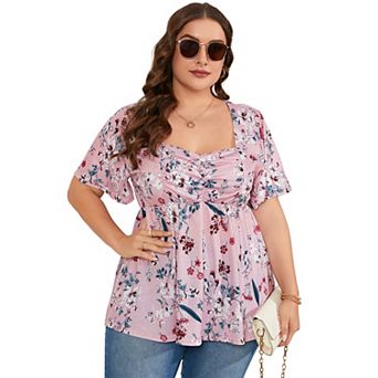 Women Plus Size Sweetheart Neck Tunic Tops Short Sleeves Pleated Peplum Babydoll Blouse T shirts