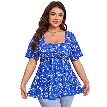 Women Plus Size Sweetheart Neck Tunic Tops Short Sleeves Pleated Peplum Babydoll Blouse T shirts
