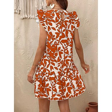 Women Summer Ruffled Dresses Round Collar Casual Loose Printed Smock Mini Dress