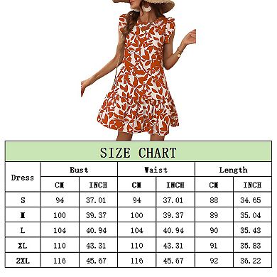 Women Summer Ruffled Dresses Round Collar Casual Loose Printed Smock Mini Dress