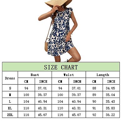 Women Summer Ruffled Dresses Round Collar Casual Loose Printed Smock Mini Dress