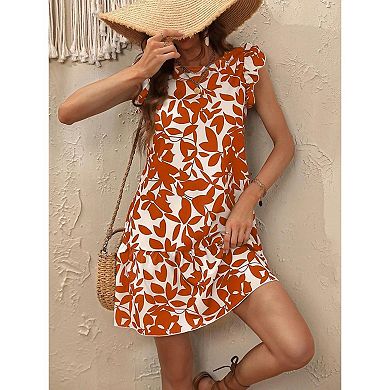 Women Summer Ruffled Dresses Round Collar Casual Loose Printed Smock Mini Dress