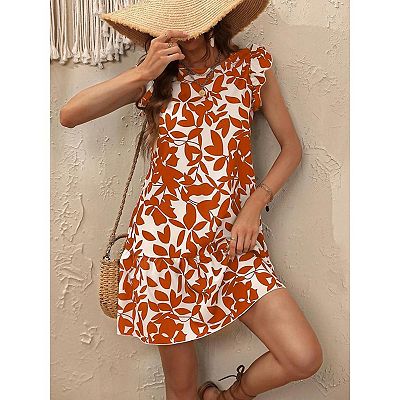 Women Summer Ruffled Dresses Round Collar Casual Loose Printed Smock Mini  Dress