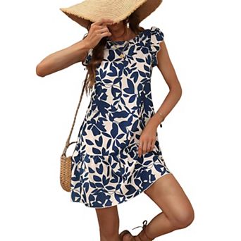 Women Summer Ruffled Dresses Round Collar Casual Loose Printed Smock Mini Dress