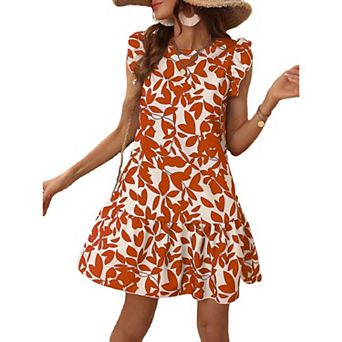 Women Summer Ruffled Dresses Round Collar Casual Loose Printed Smock Mini Dress