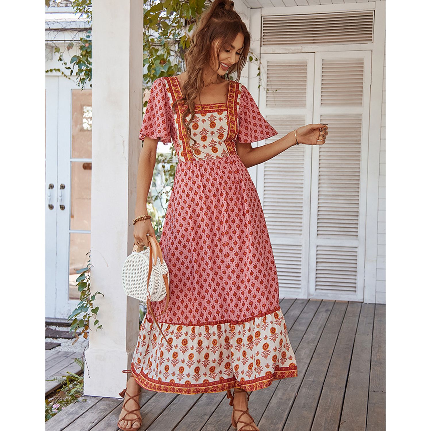 Women's Vintage Floral Maxi Dress Super-Soft Short Sleeve Beach Long Dresses