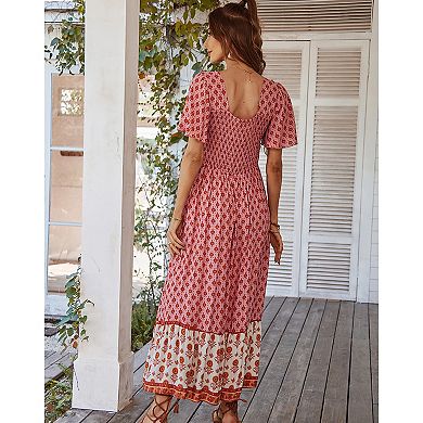 Women's Vintage Floral Maxi Dress Super-Soft Short Sleeve Beach Long Dresses
