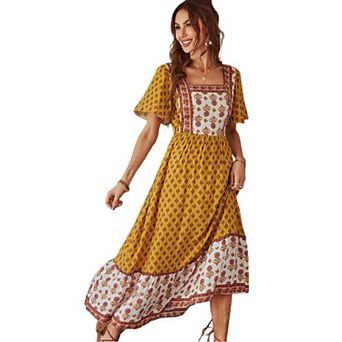 Women's Vintage Floral Maxi Dress Super-Soft Short Sleeve Beach Long Dresses