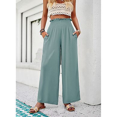 Women's High Waist Wide Leg Beach Pants Loose Fitted Summer Palazzo Trousers with Pockets