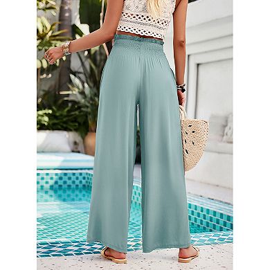 Women's High Waist Wide Leg Beach Pants Loose Fitted Summer Palazzo Trousers with Pockets