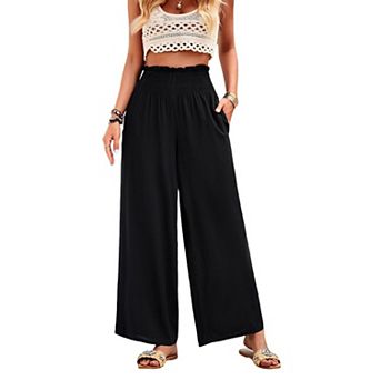 Women's High Waist Wide Leg Beach Pants Loose Fitted Summer Palazzo Trousers with Pockets