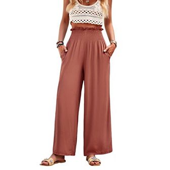 Women's High Waist Wide Leg Beach Pants Loose Fitted Summer Palazzo Trousers with Pockets