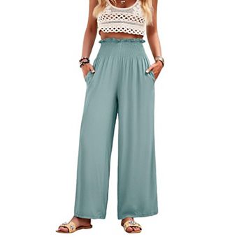 Women's High Waist Wide Leg Beach Pants Loose Fitted Summer Palazzo Trousers with Pockets
