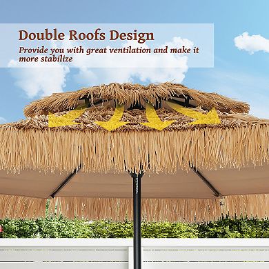 Mondawe 9 ft Hawaiian Style Crank Design 2 Tier Thatched Tiki Straw Patio Umbrella Shade