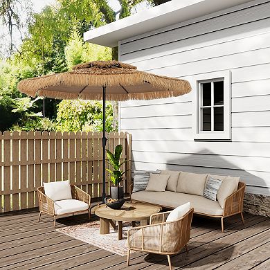 Mondawe 9 ft Hawaiian Style Crank Design 2 Tier Thatched Tiki Straw Patio Umbrella Shade
