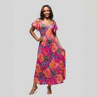 Women's 24Seven Comfort Apparel Pink Paisley Cold Shoulder Ruffle Sleeve A-Line Maxi Dress
