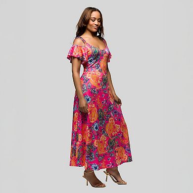 Women's 24Seven Comfort Apparel Pink Paisley Cold Shoulder Ruffle Sleeve A-Line Maxi Dress