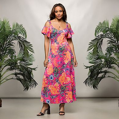 Women's 24Seven Comfort Apparel Pink Paisley Cold Shoulder Ruffle Sleeve A-Line Maxi Dress