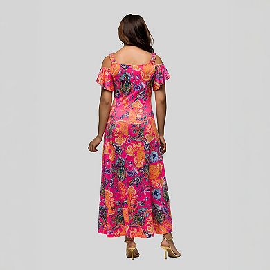 Women's 24Seven Comfort Apparel Pink Paisley Cold Shoulder Ruffle Sleeve A-Line Maxi Dress