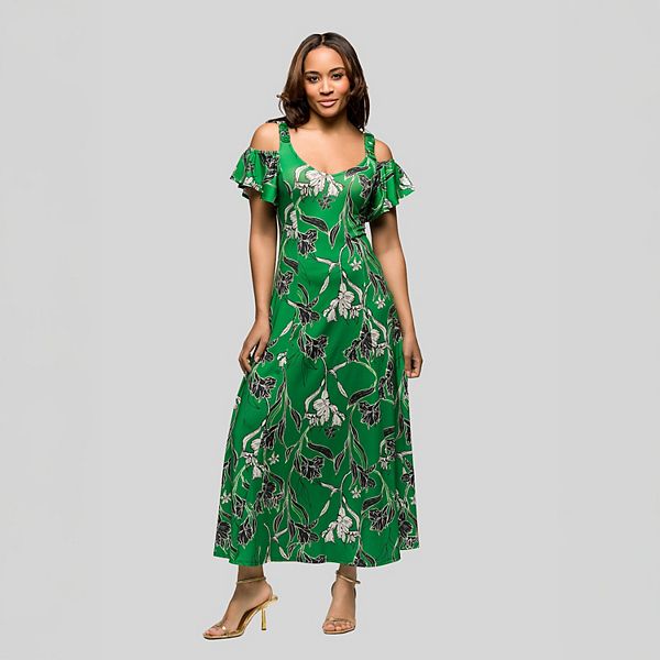 Women's 24Seven Comfort Apparel Green Floral Cold Shoulder Ruffle Sleeve  A-Line Maxi Dress